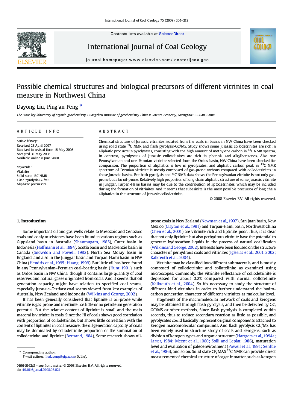 Possible chemical structures and biological precursors of different vitrinites in coal measure in Northwest China