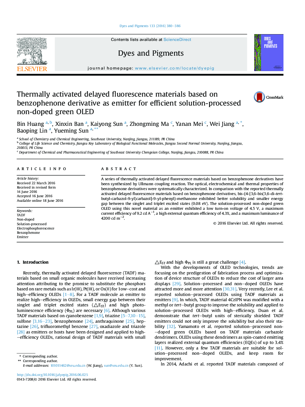 Thermally activated delayed fluorescence materials based on benzophenone derivative as emitter for efficient solution-processed non-doped green OLED