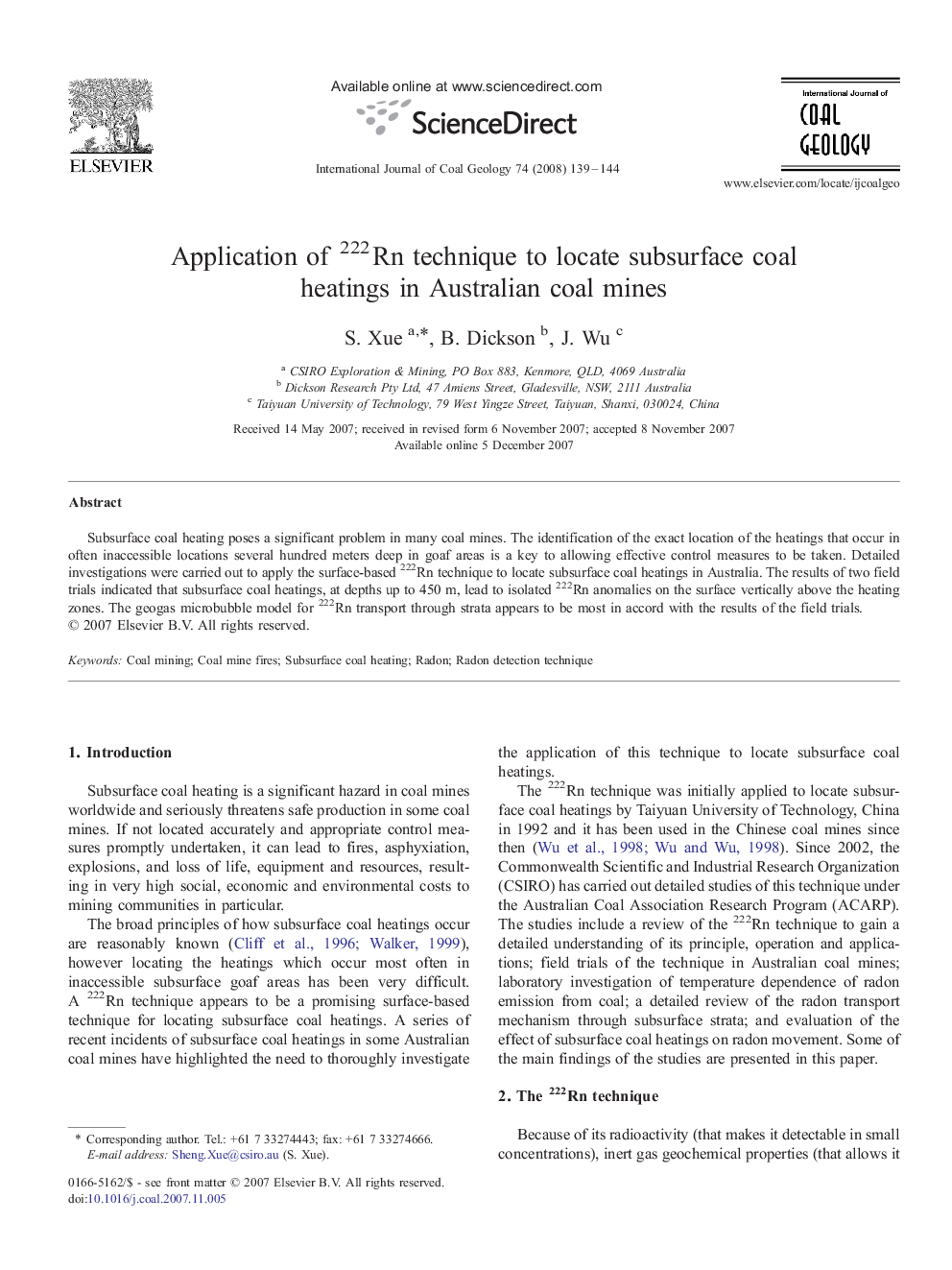 Application of 222Rn technique to locate subsurface coal heatings in Australian coal mines