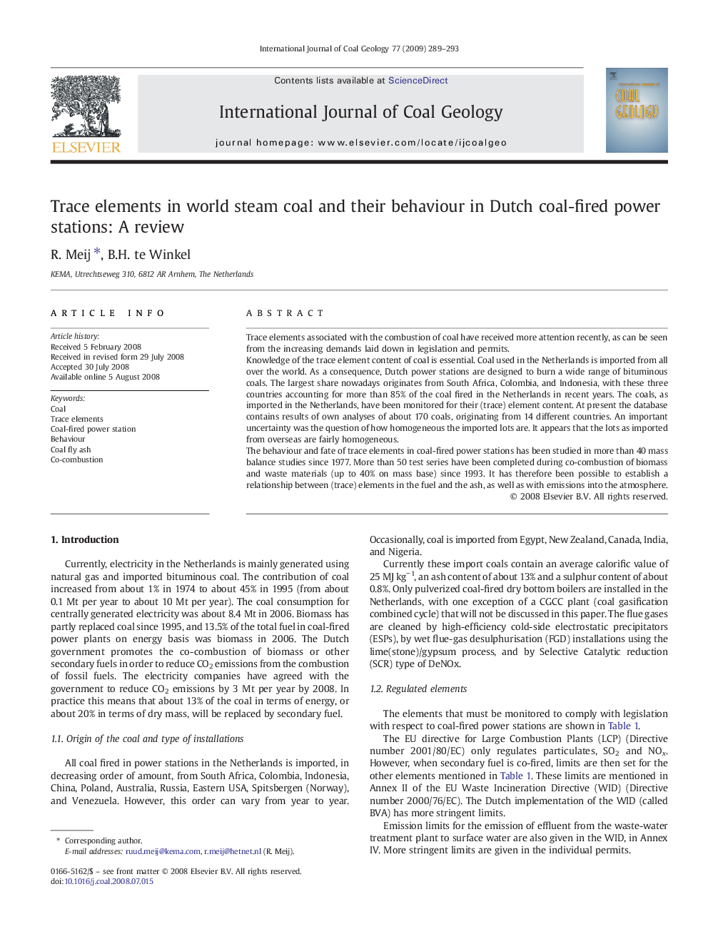 Trace elements in world steam coal and their behaviour in Dutch coal-fired power stations: A review