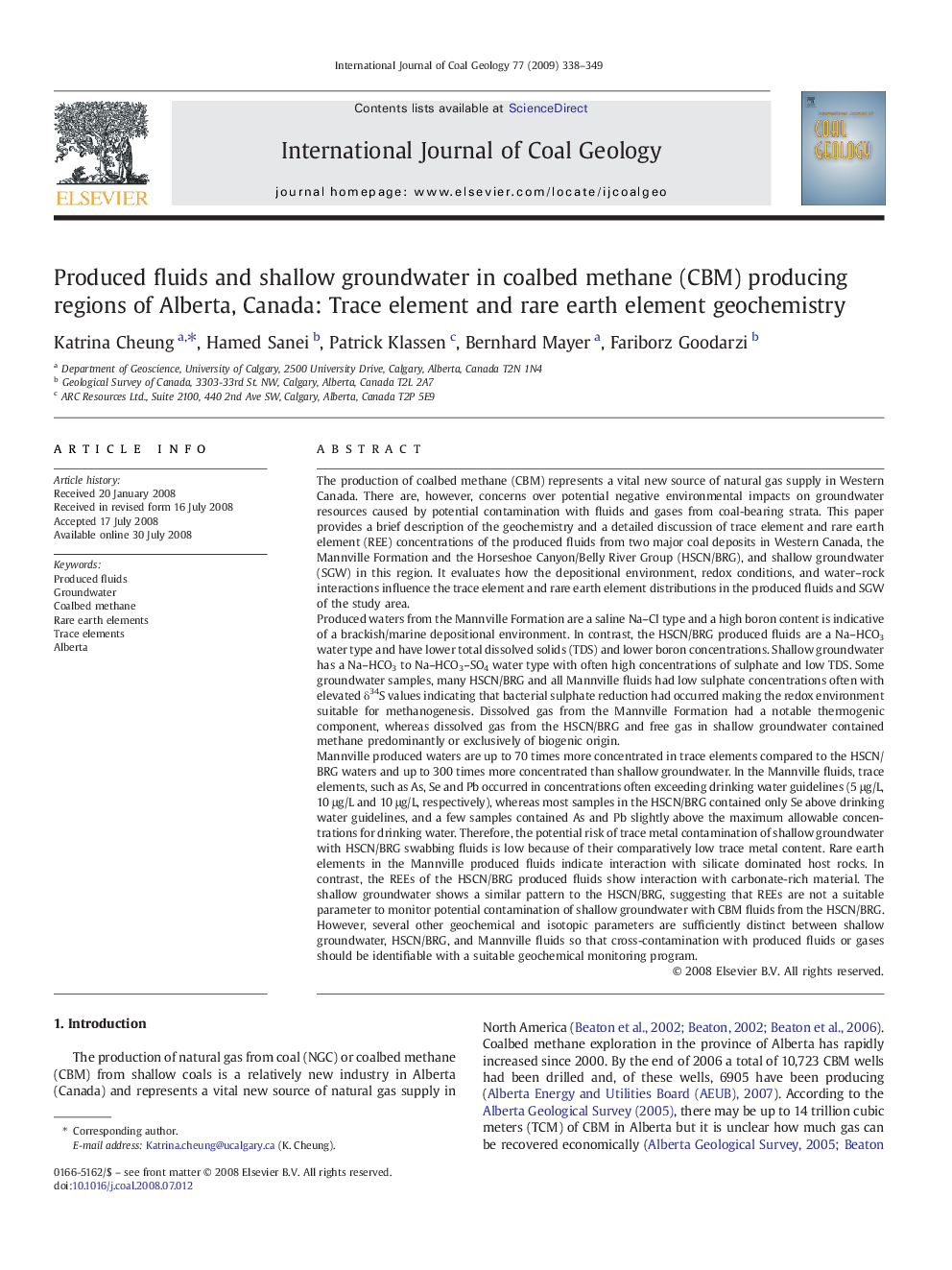 Produced fluids and shallow groundwater in coalbed methane (CBM) producing regions of Alberta, Canada: Trace element and rare earth element geochemistry