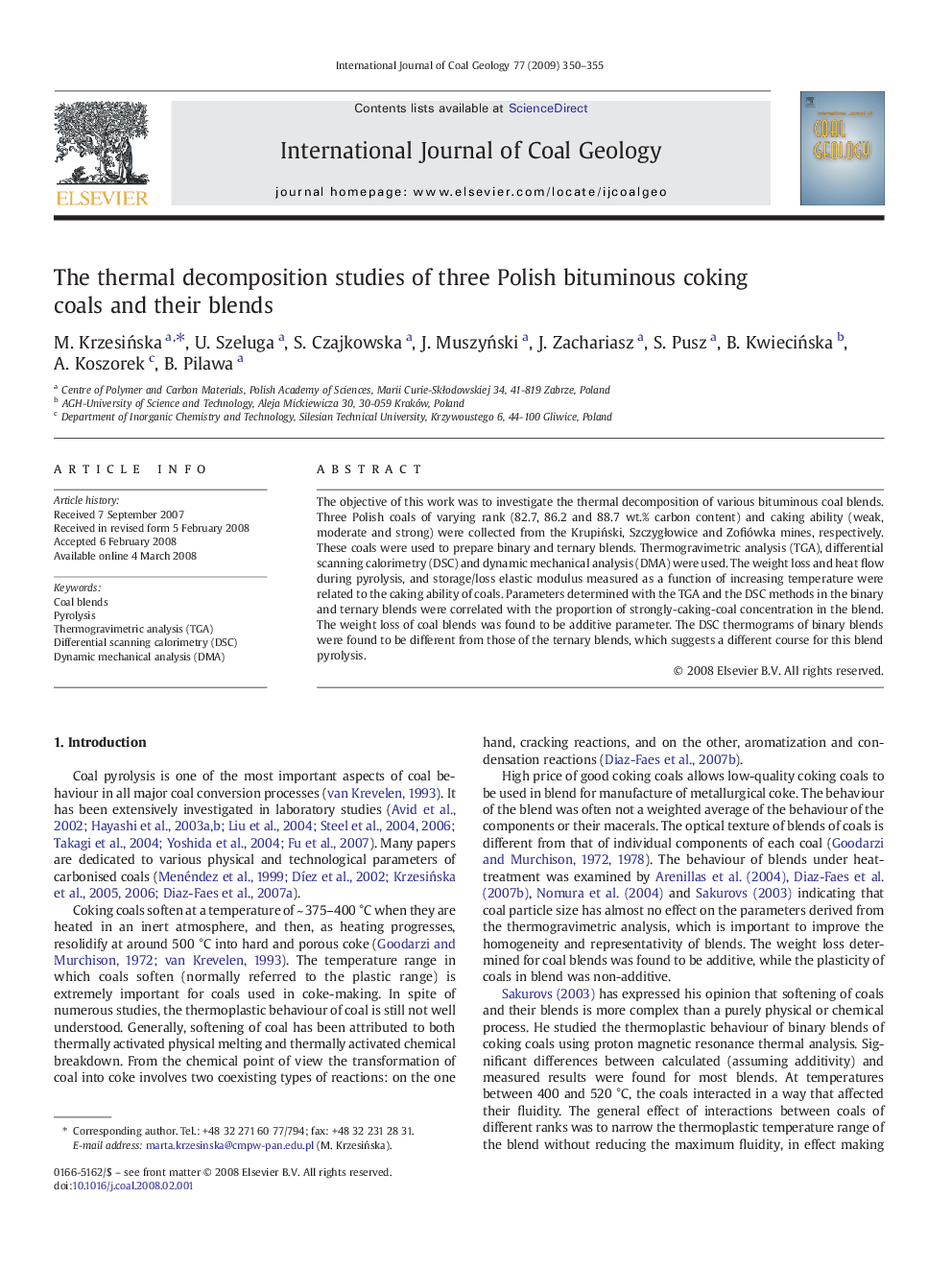 The thermal decomposition studies of three Polish bituminous coking coals and their blends