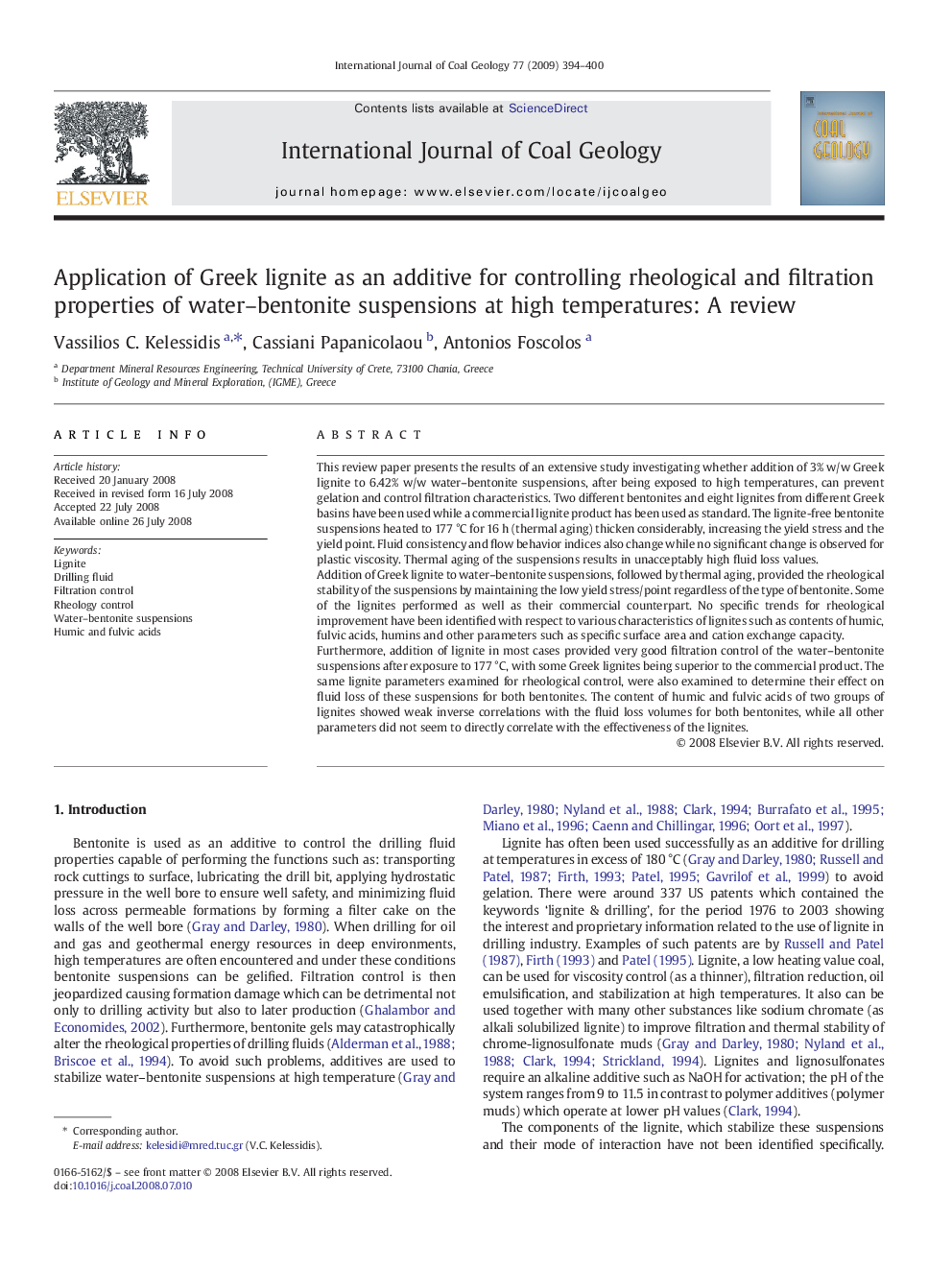 Application of Greek lignite as an additive for controlling rheological and filtration properties of water–bentonite suspensions at high temperatures: A review