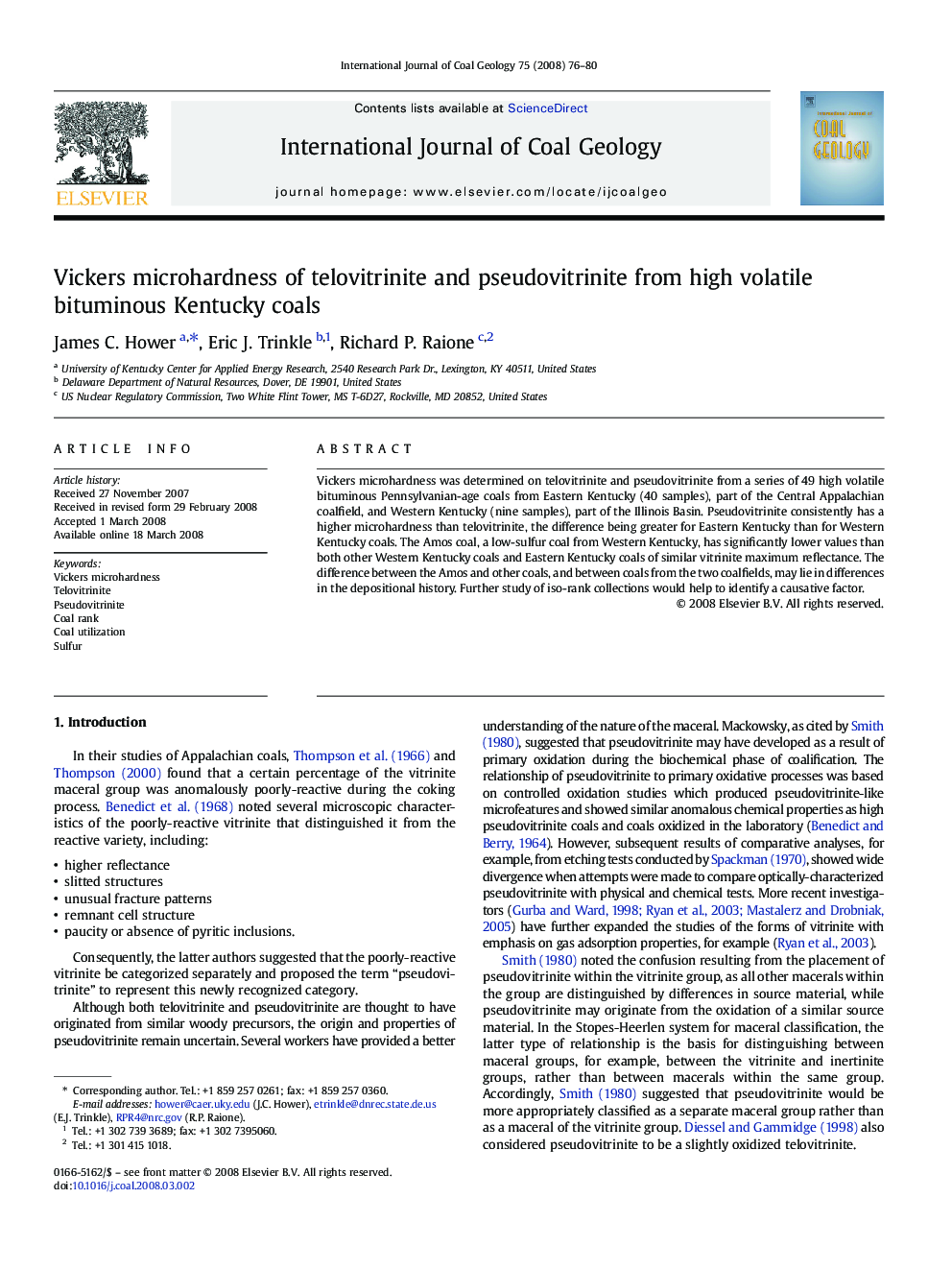 Vickers microhardness of telovitrinite and pseudovitrinite from high volatile bituminous Kentucky coals