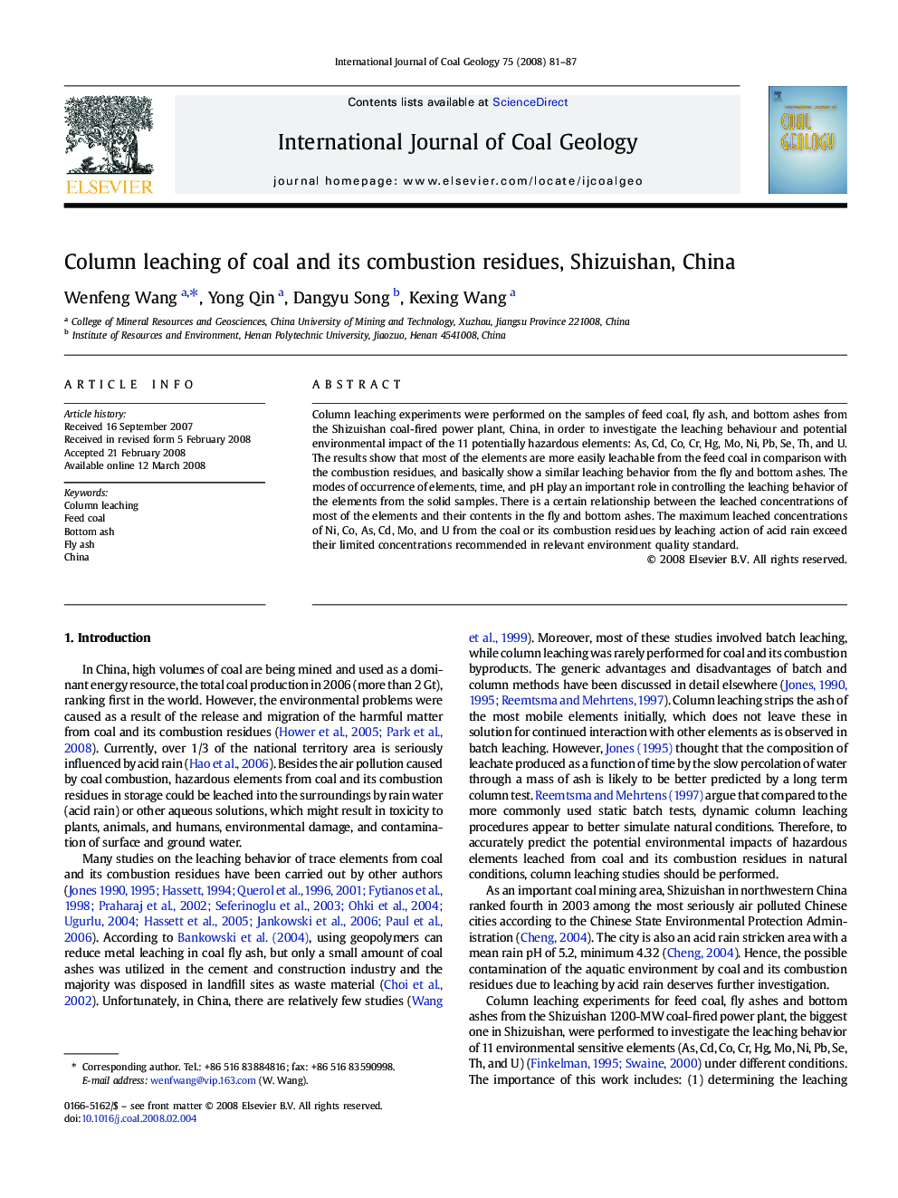 Column leaching of coal and its combustion residues, Shizuishan, China