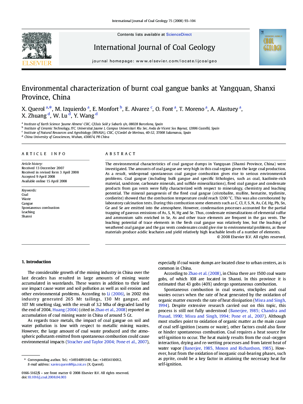 Environmental characterization of burnt coal gangue banks at Yangquan, Shanxi Province, China