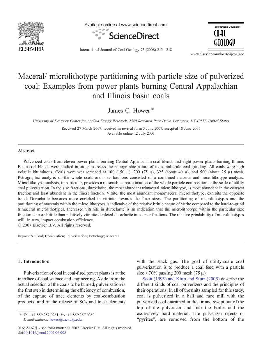 Maceral/ microlithotype partitioning with particle size of pulverized coal: Examples from power plants burning Central Appalachian and Illinois basin coals