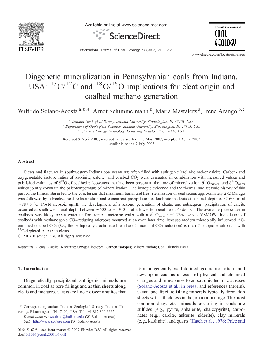 Diagenetic mineralization in Pennsylvanian coals from Indiana, USA: 13C/12C and 18O/16O implications for cleat origin and coalbed methane generation