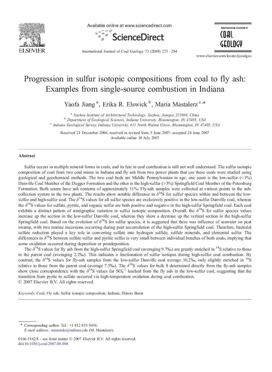 Progression in sulfur isotopic compositions from coal to fly ash: Examples from single-source combustion in Indiana