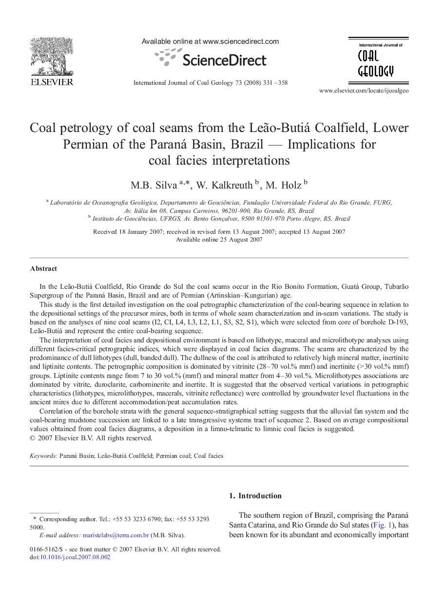 Coal petrology of coal seams from the Leão-Butiá Coalfield, Lower Permian of the Paraná Basin, Brazil — Implications for coal facies interpretations