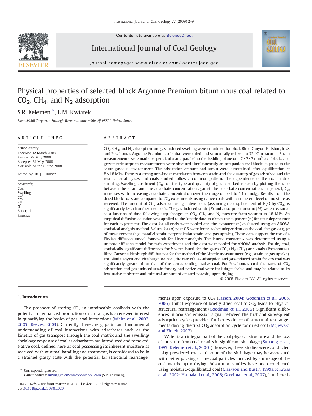 Physical properties of selected block Argonne Premium bituminous coal related to CO2, CH4, and N2 adsorption