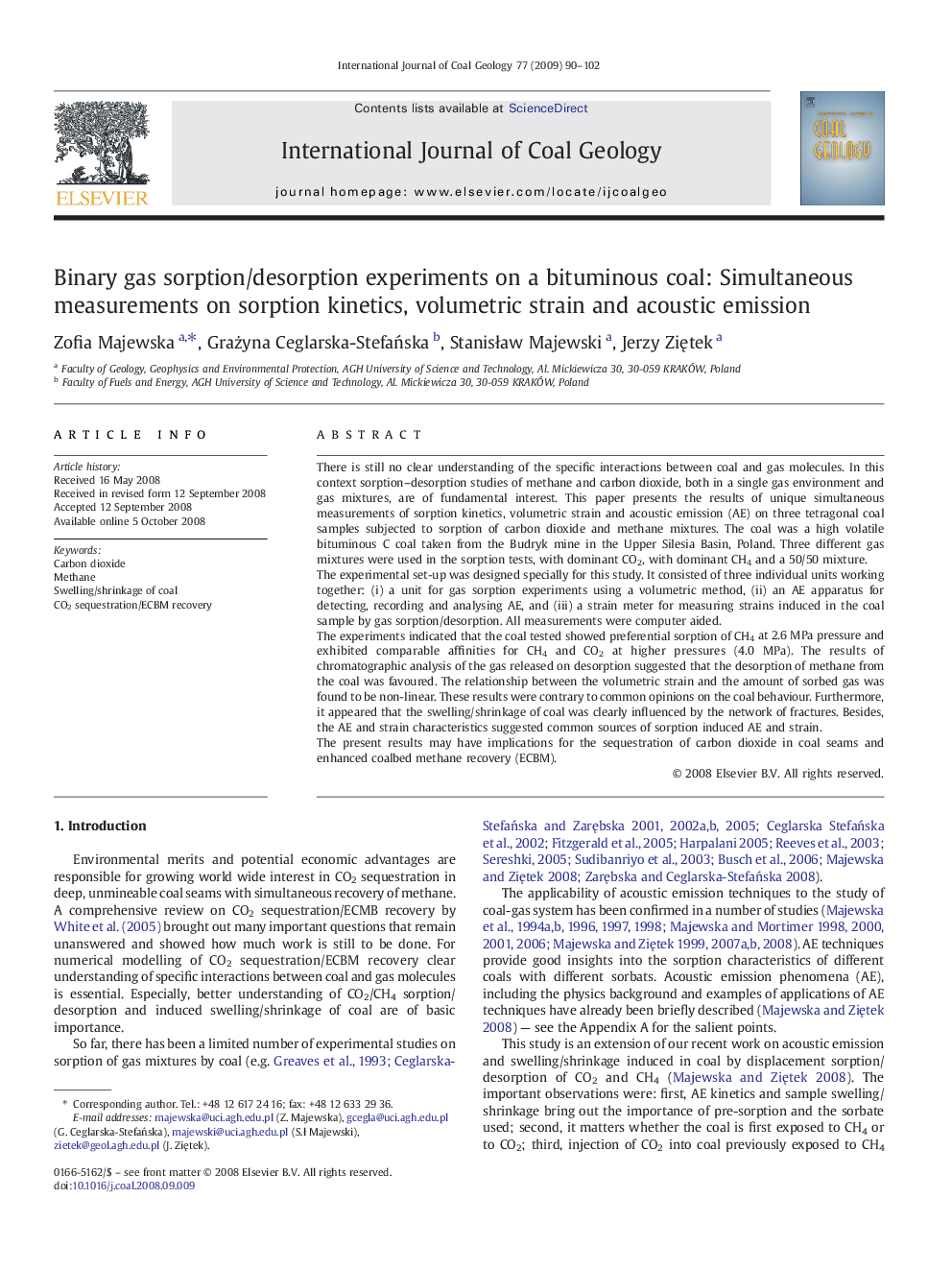 Binary gas sorption/desorption experiments on a bituminous coal: Simultaneous measurements on sorption kinetics, volumetric strain and acoustic emission