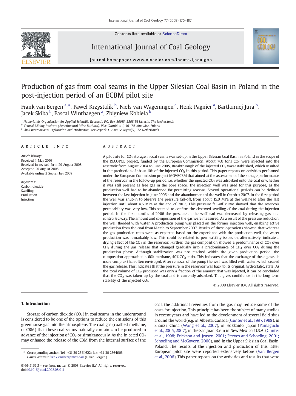 Production of gas from coal seams in the Upper Silesian Coal Basin in Poland in the post-injection period of an ECBM pilot site