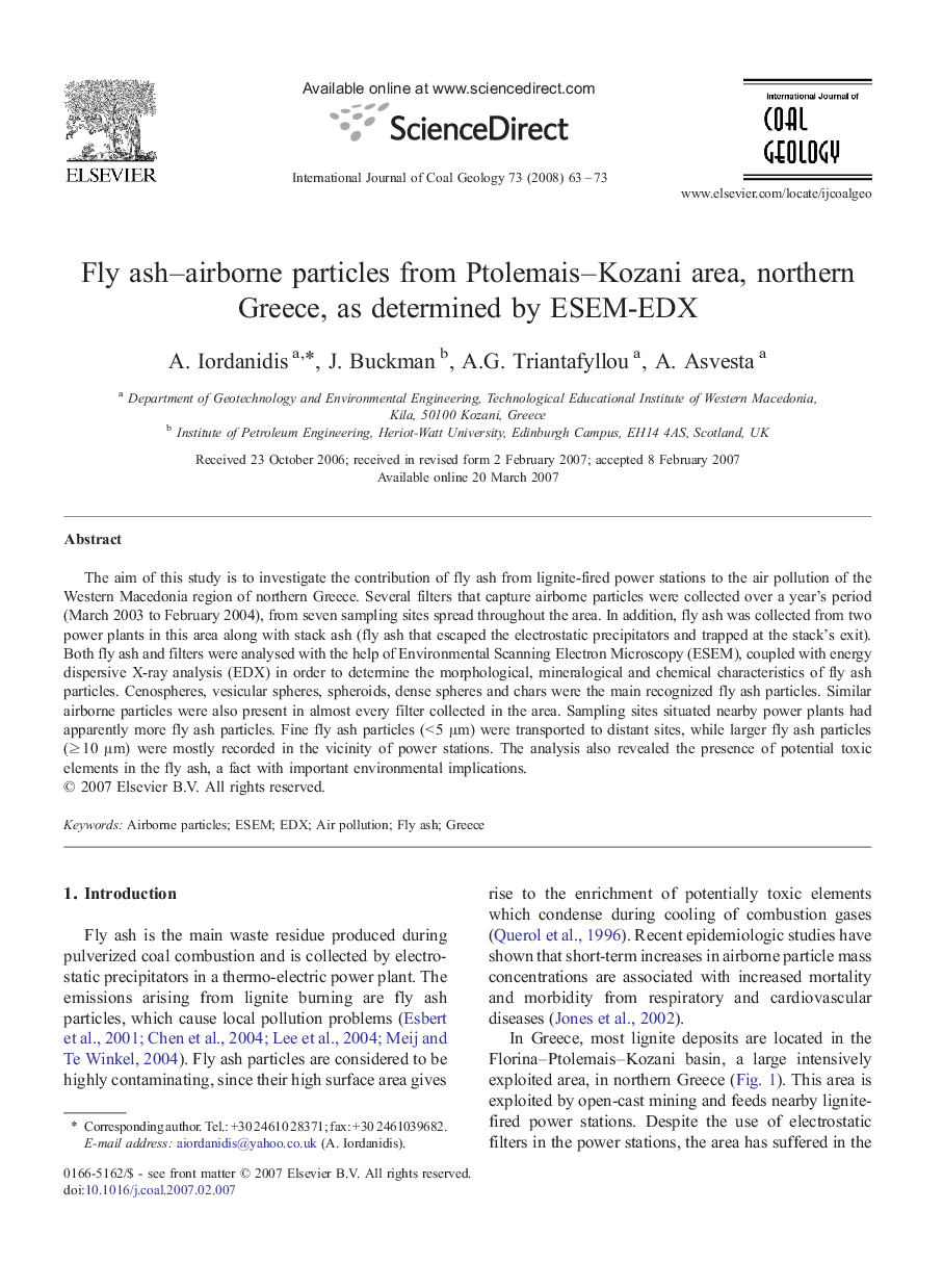 Fly ash–airborne particles from Ptolemais–Kozani area, northern Greece, as determined by ESEM-EDX