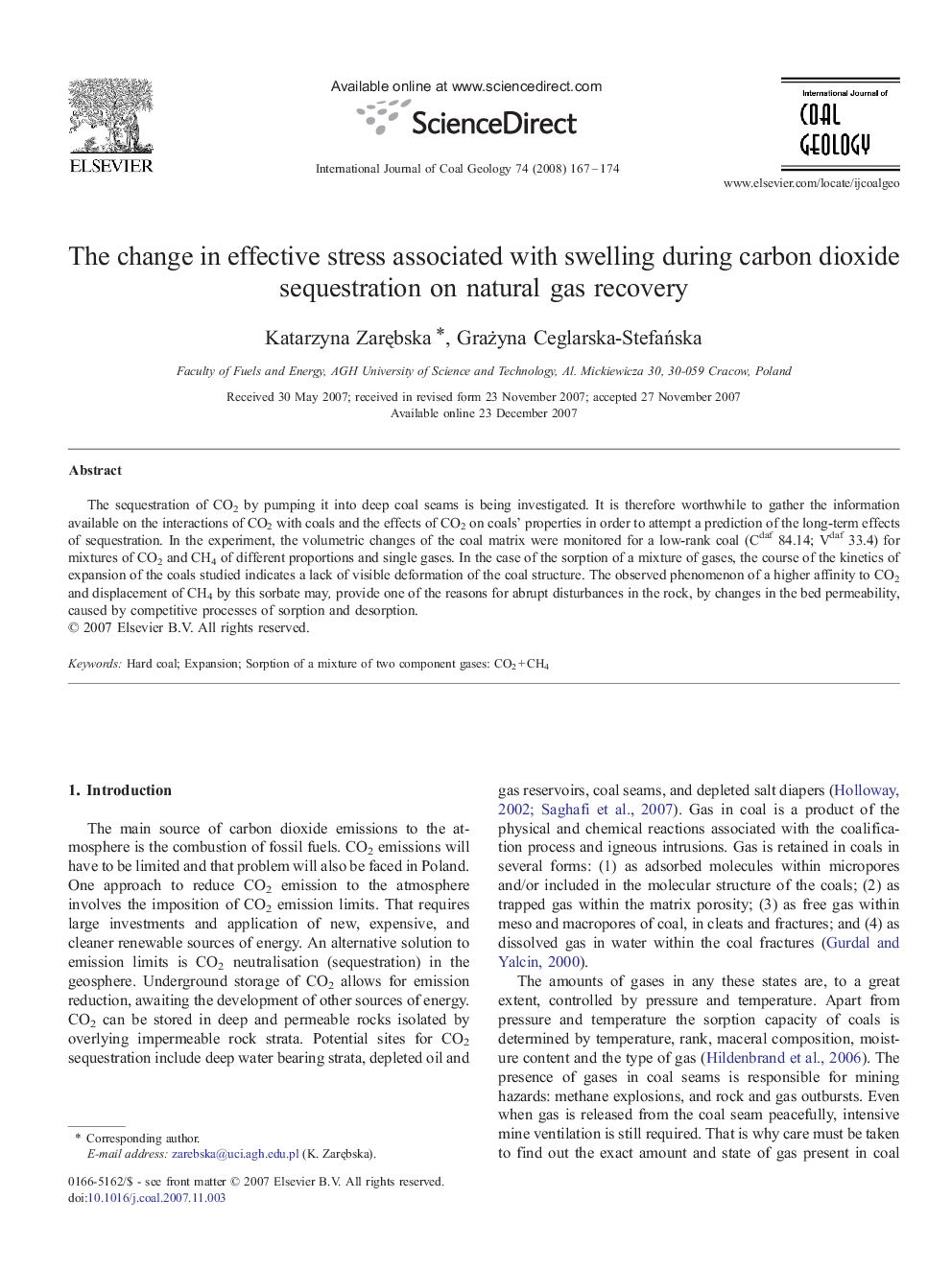 The change in effective stress associated with swelling during carbon dioxide sequestration on natural gas recovery