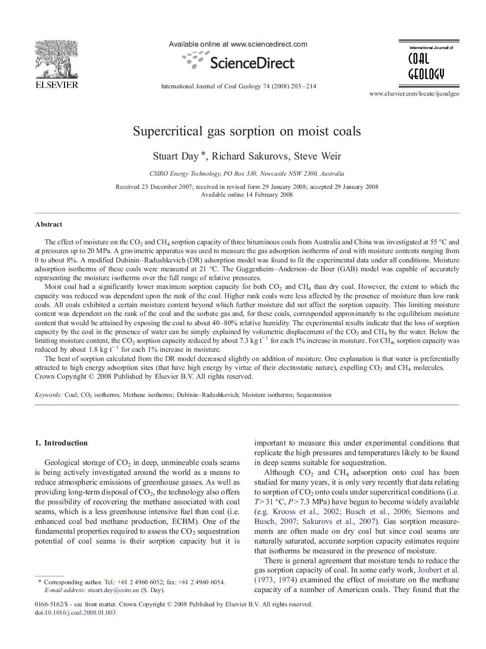 Supercritical gas sorption on moist coals