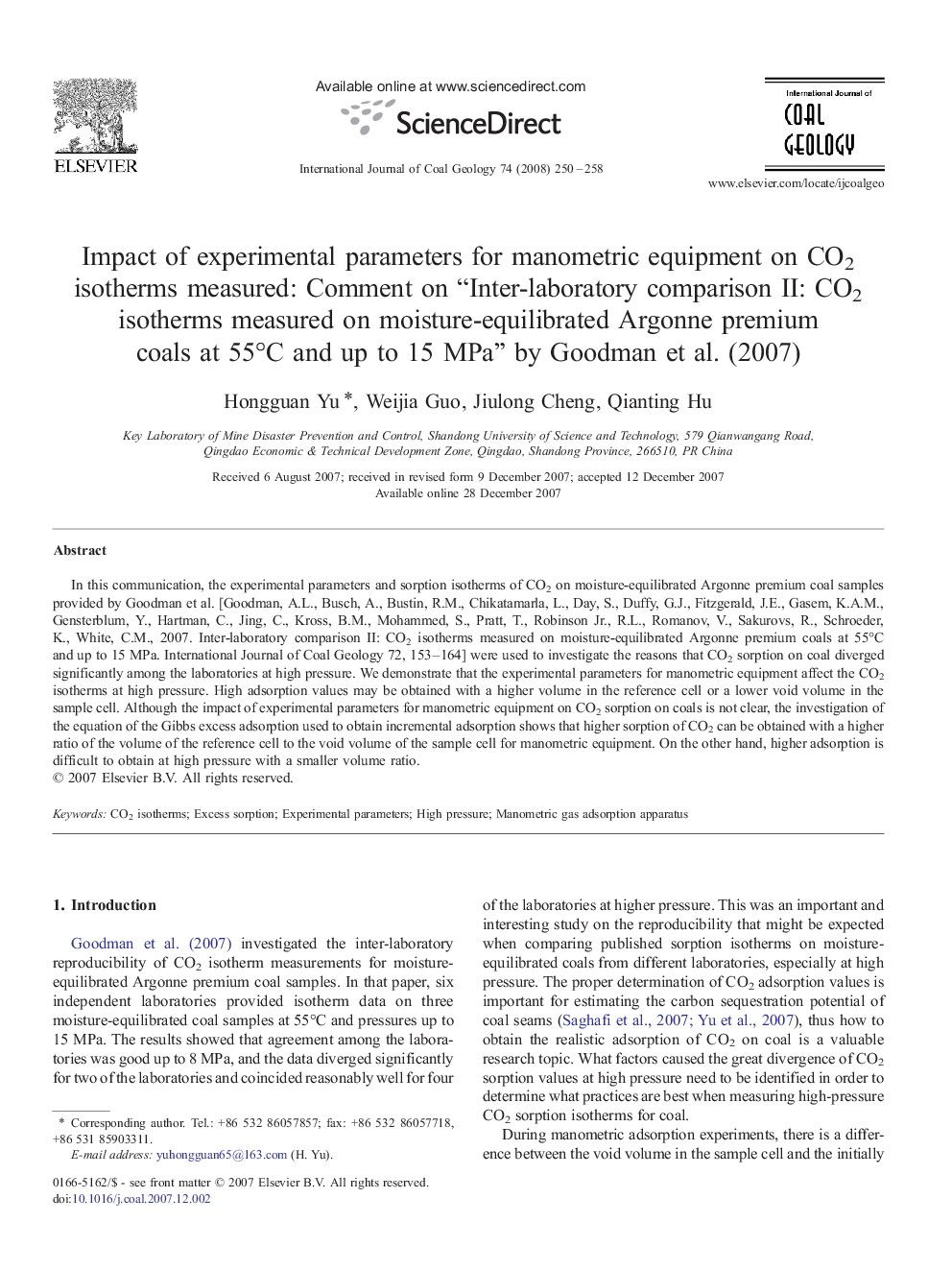 Impact of experimental parameters for manometric equipment on CO2 isotherms measured: Comment on “Inter-laboratory comparison II: CO2 isotherms measured on moisture-equilibrated Argonne premium coals at 55°C and up to 15 MPa” by Goodman et al. (2007)