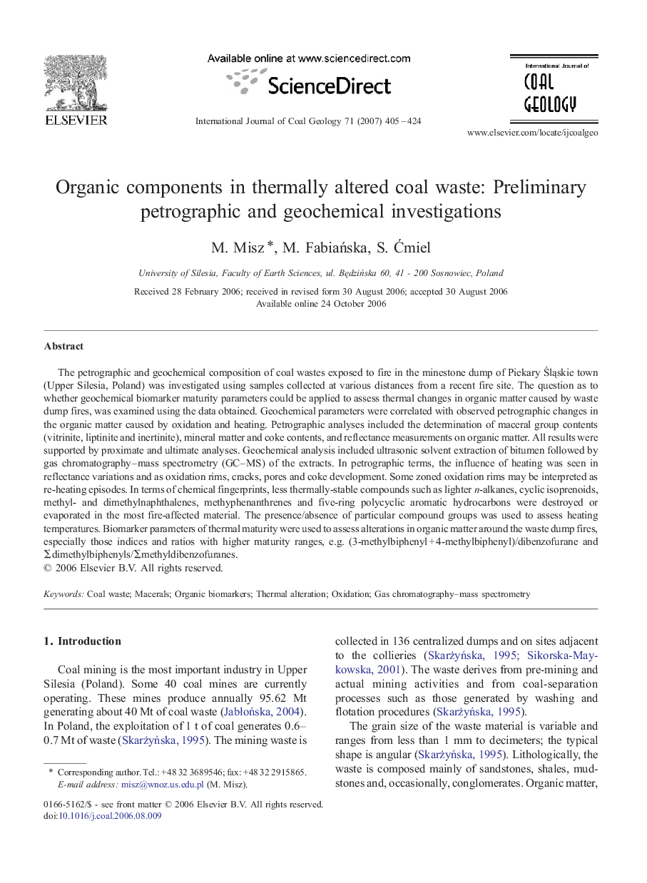 Organic components in thermally altered coal waste: Preliminary petrographic and geochemical investigations