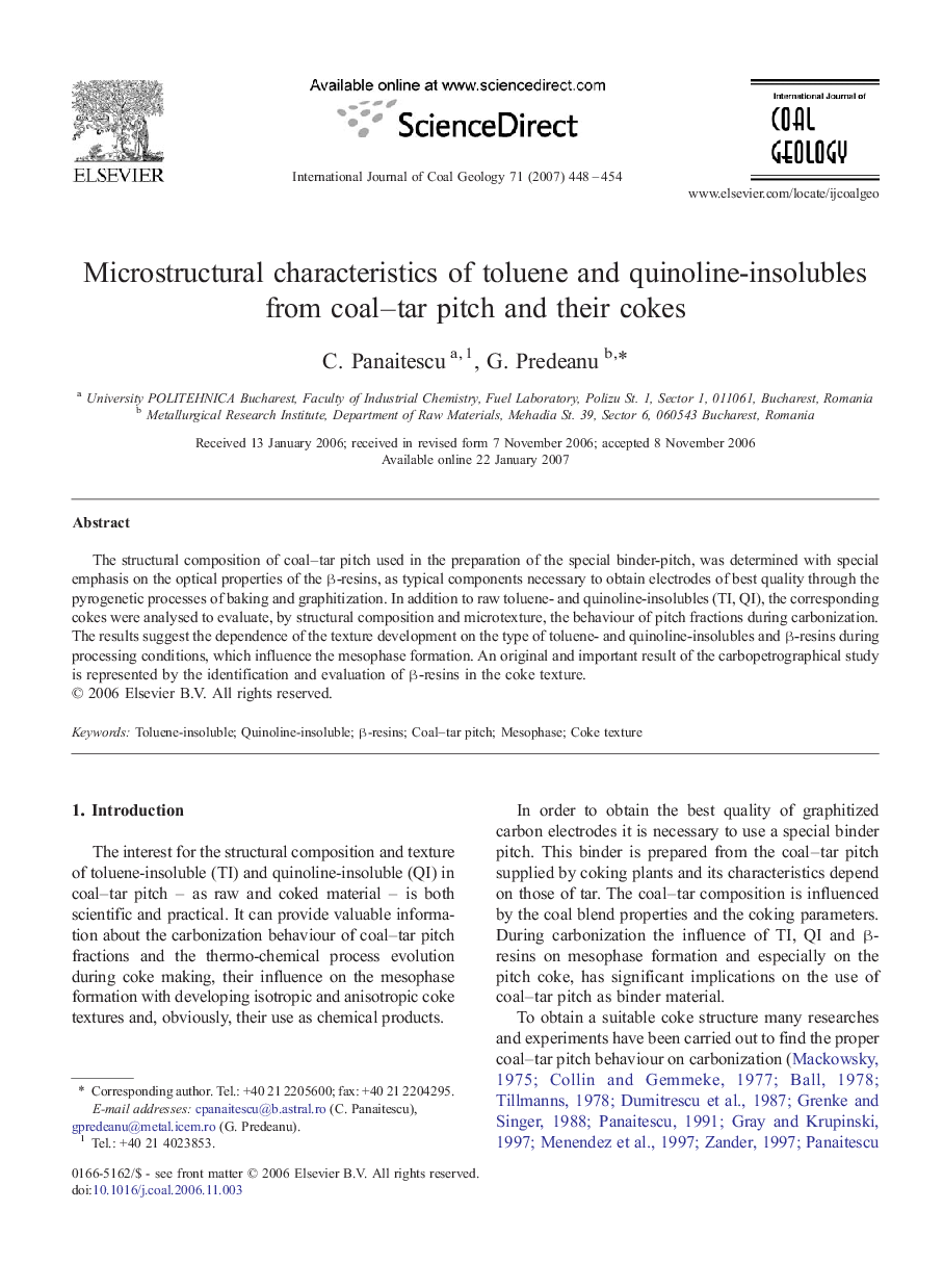 Microstructural characteristics of toluene and quinoline-insolubles from coal–tar pitch and their cokes