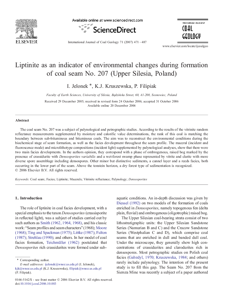 Liptinite as an indicator of environmental changes during formation of coal seam No. 207 (Upper Silesia, Poland)