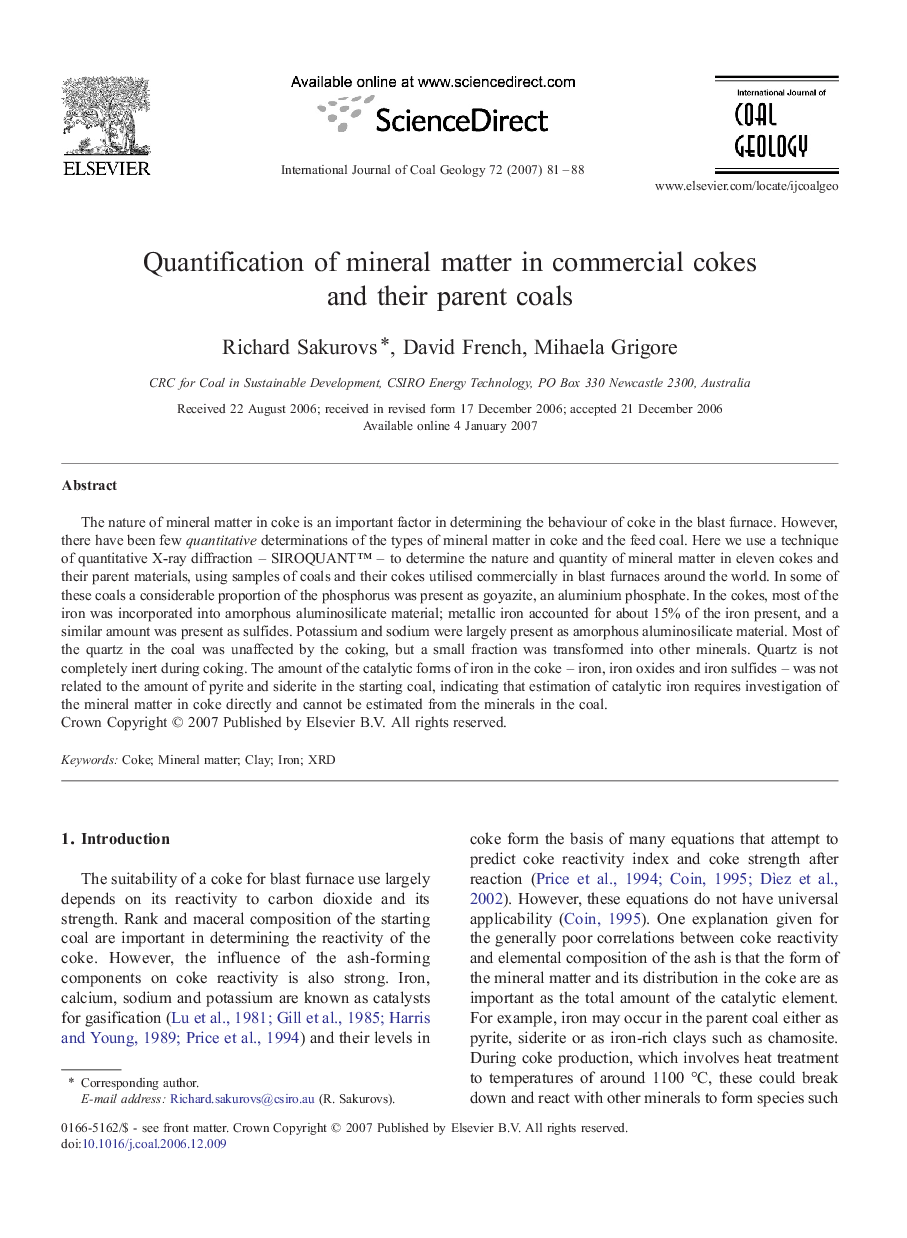 Quantification of mineral matter in commercial cokes and their parent coals