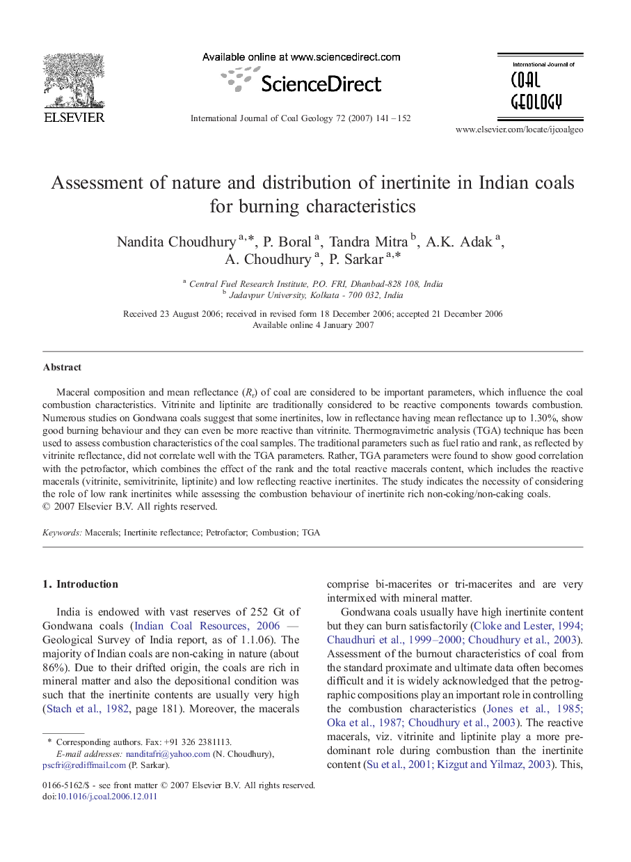 Assessment of nature and distribution of inertinite in Indian coals for burning characteristics