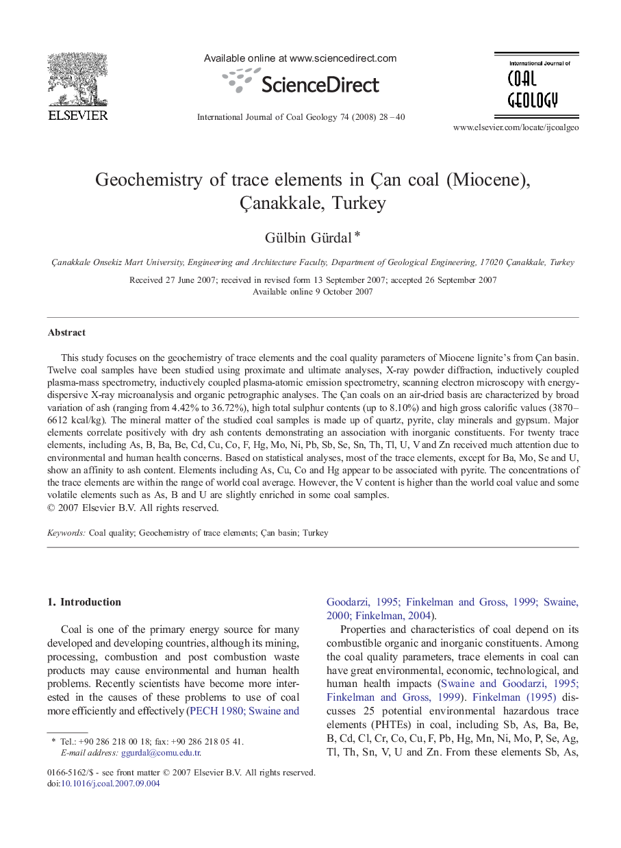 Geochemistry of trace elements in Çan coal (Miocene), Çanakkale, Turkey