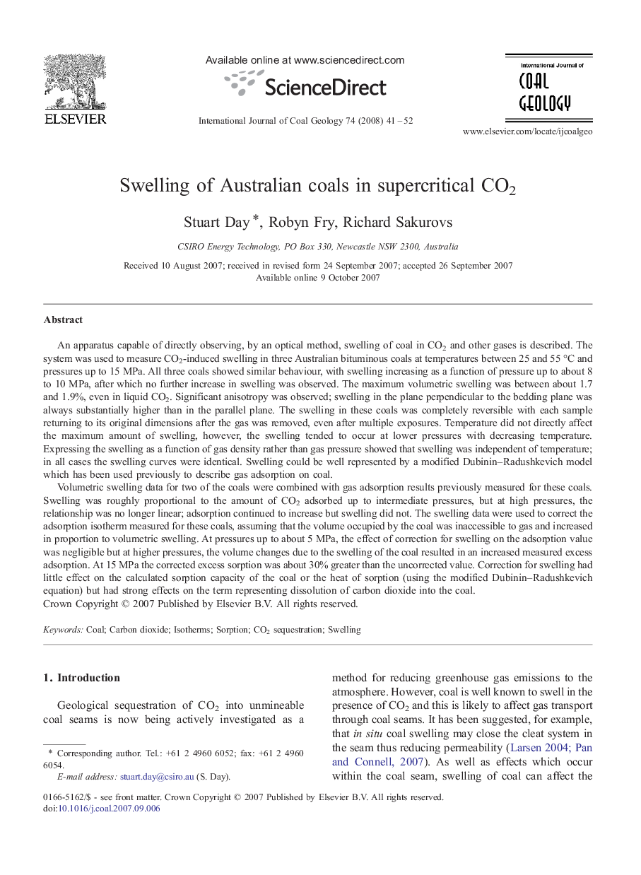 Swelling of Australian coals in supercritical CO2