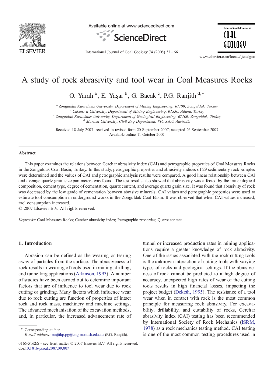 A study of rock abrasivity and tool wear in Coal Measures Rocks