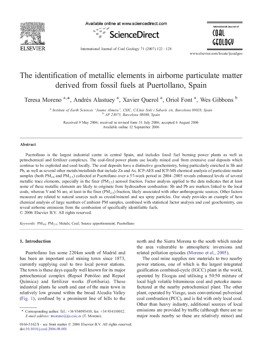 The identification of metallic elements in airborne particulate matter derived from fossil fuels at Puertollano, Spain