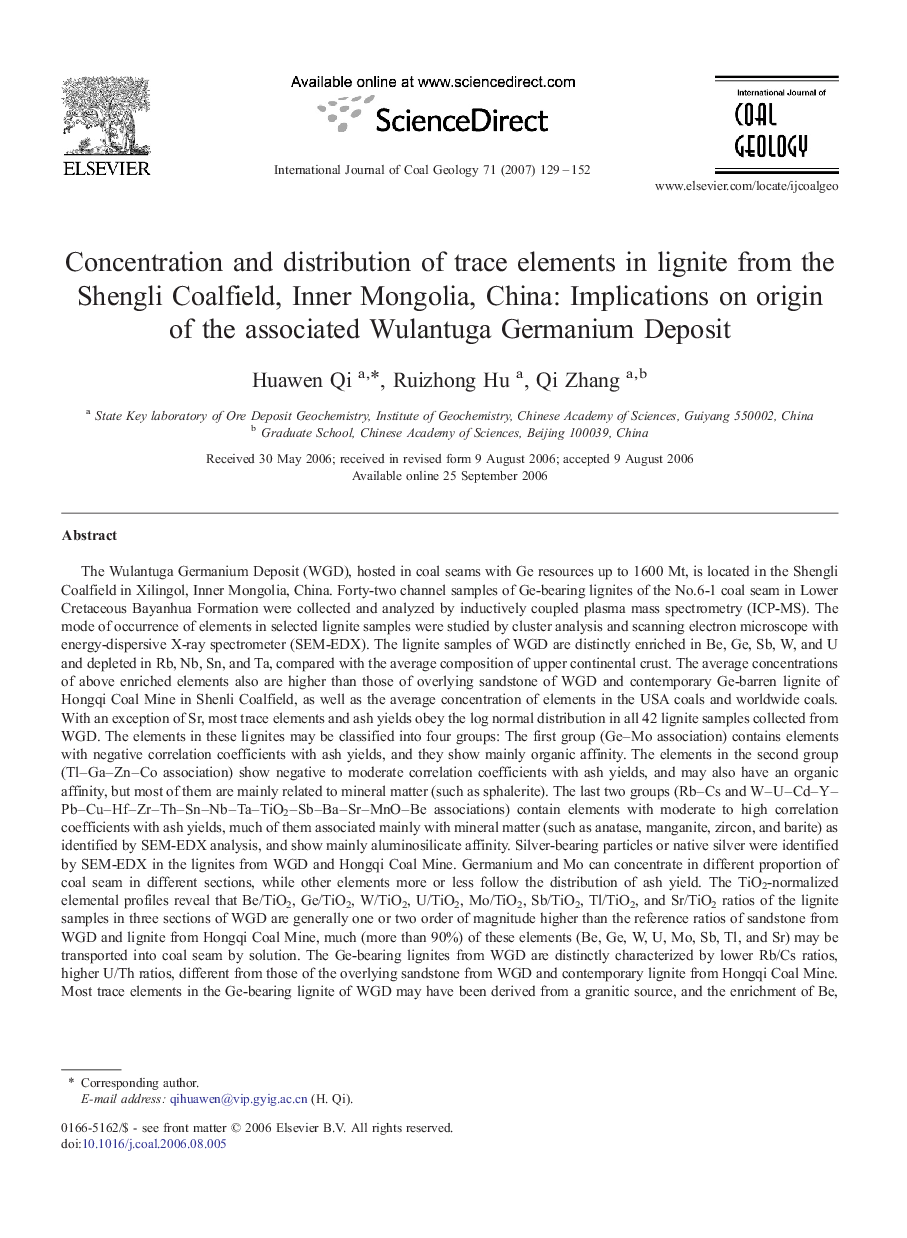 Concentration and distribution of trace elements in lignite from the Shengli Coalfield, Inner Mongolia, China: Implications on origin of the associated Wulantuga Germanium Deposit