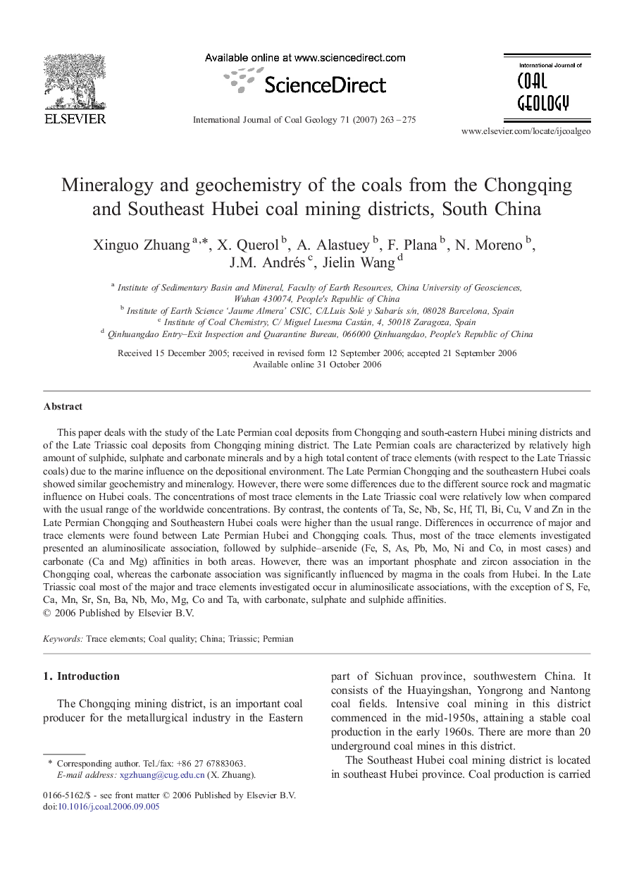 Mineralogy and geochemistry of the coals from the Chongqing and Southeast Hubei coal mining districts, South China