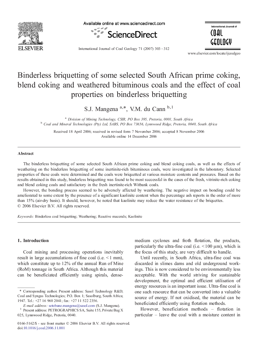 Binderless briquetting of some selected South African prime coking, blend coking and weathered bituminous coals and the effect of coal properties on binderless briquetting