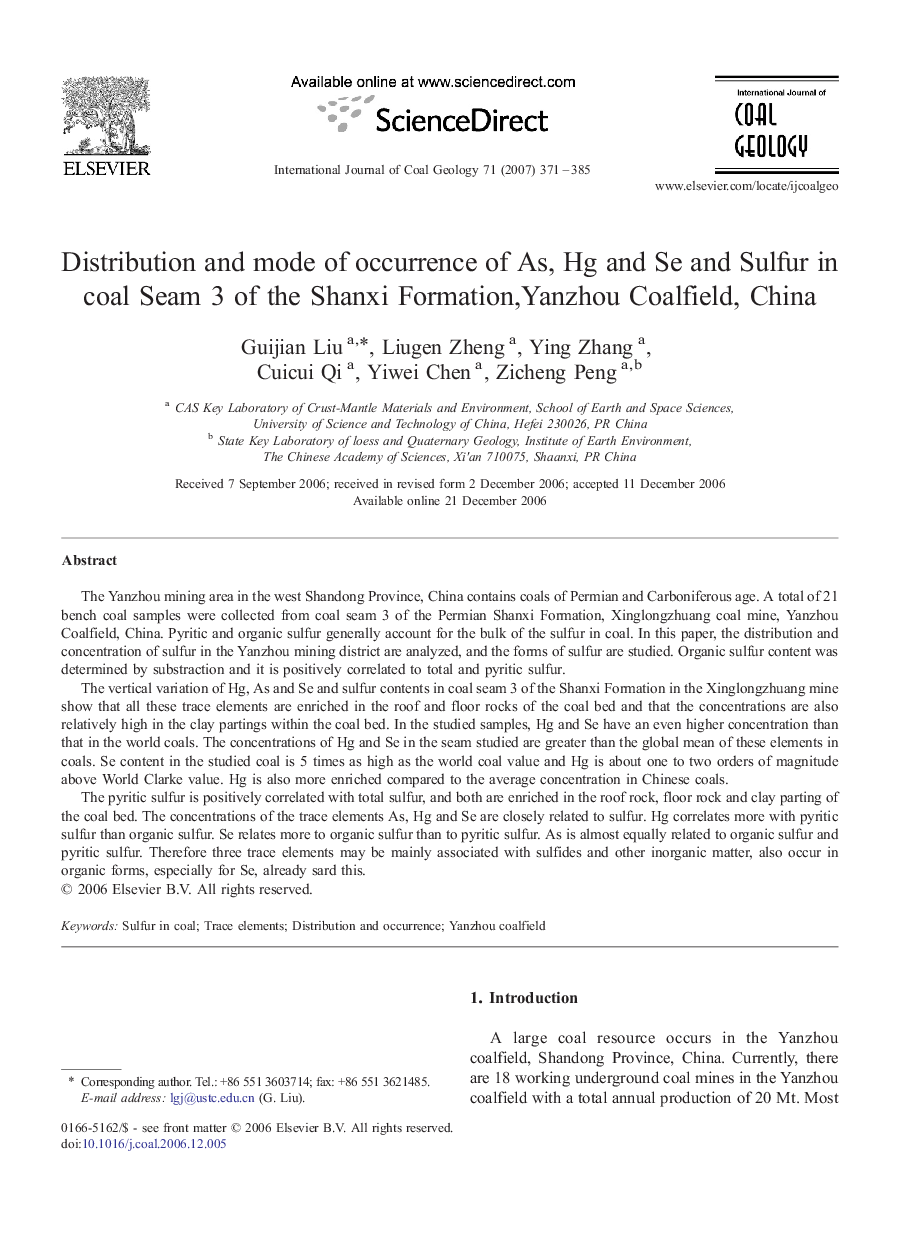 Distribution and mode of occurrence of As, Hg and Se and Sulfur in coal Seam 3 of the Shanxi Formation,Yanzhou Coalfield, China