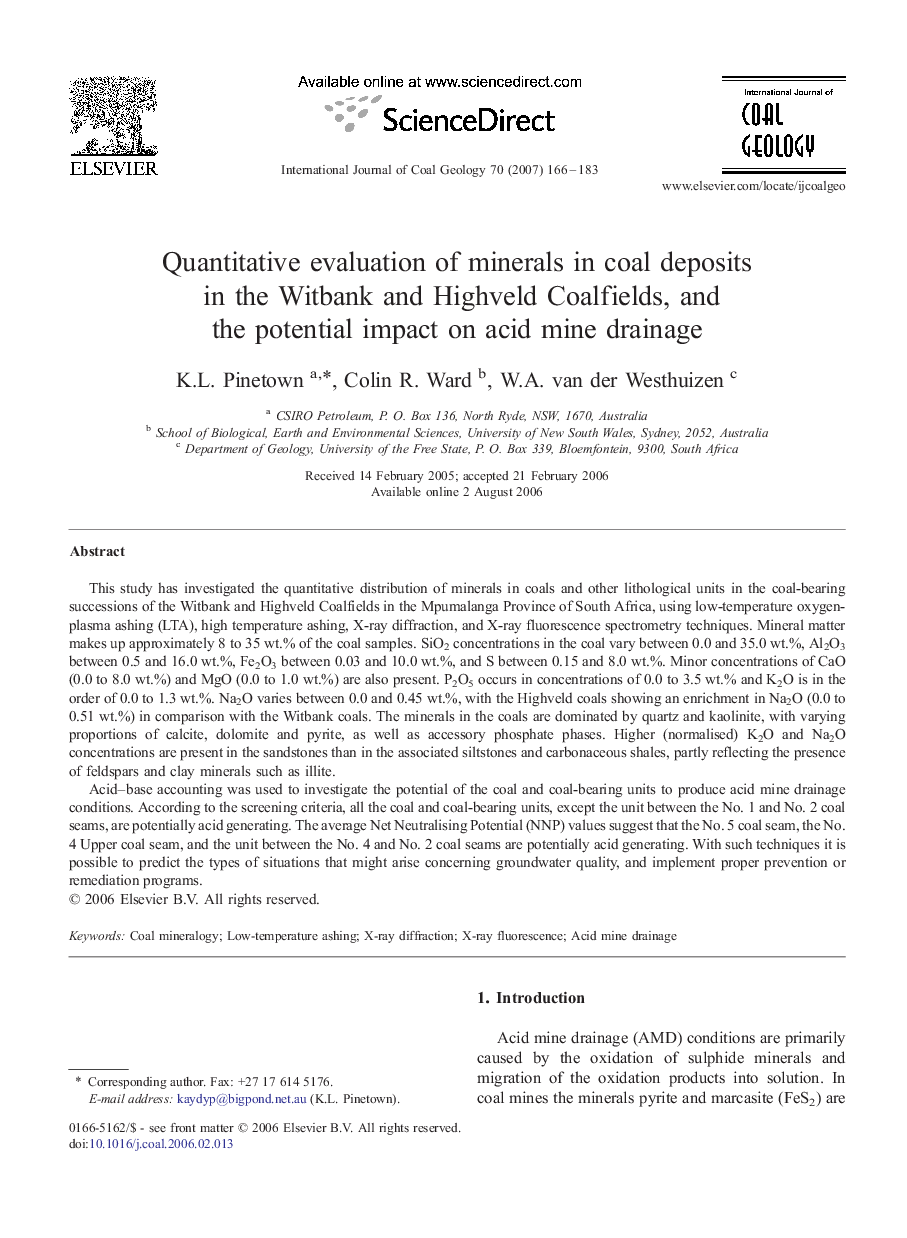 Quantitative evaluation of minerals in coal deposits in the Witbank and Highveld Coalfields, and the potential impact on acid mine drainage