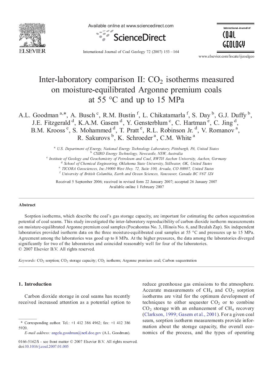 Inter-laboratory comparison II: CO2 isotherms measured on moisture-equilibrated Argonne premium coals at 55 °C and up to 15 MPa