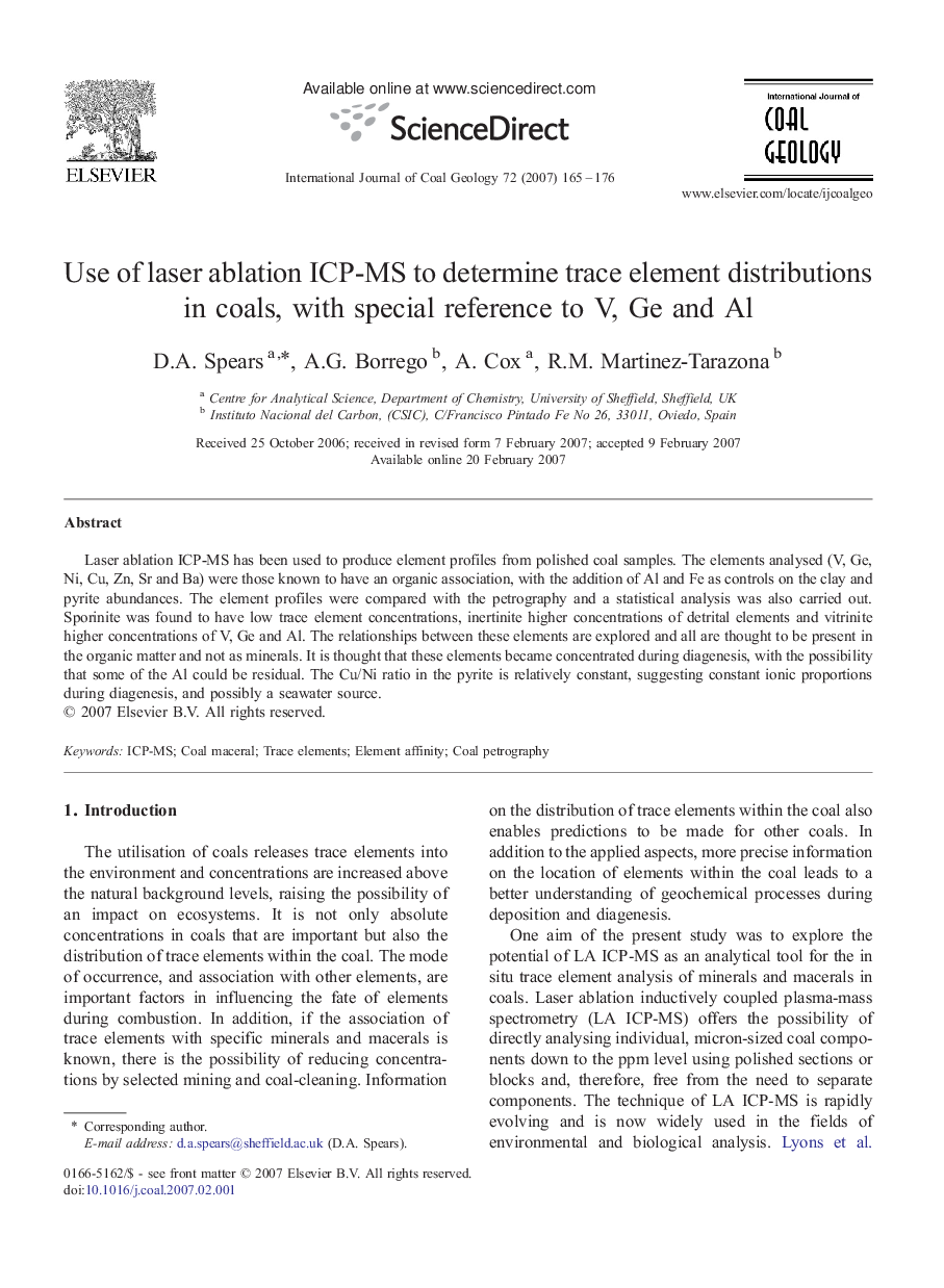 Use of laser ablation ICP-MS to determine trace element distributions in coals, with special reference to V, Ge and Al