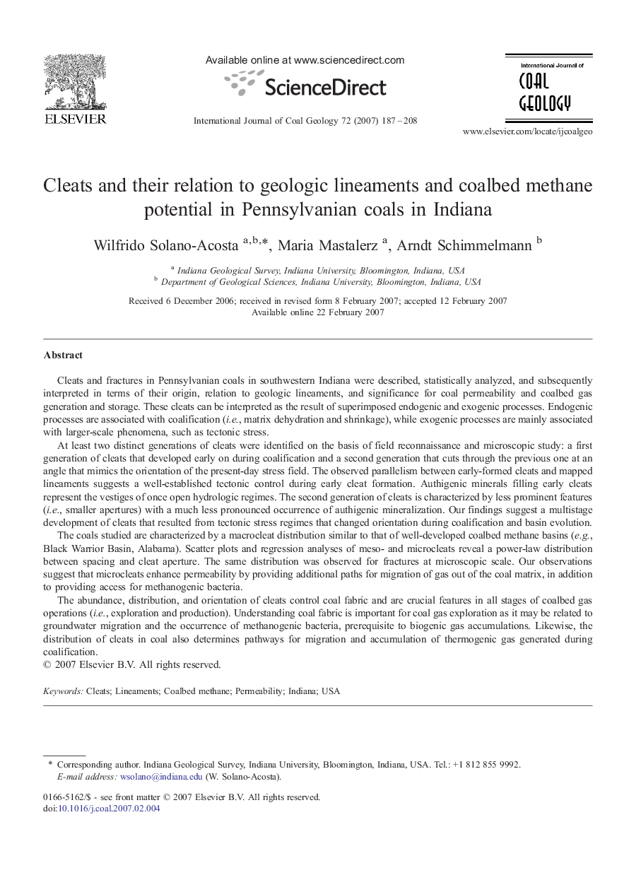 Cleats and their relation to geologic lineaments and coalbed methane potential in Pennsylvanian coals in Indiana