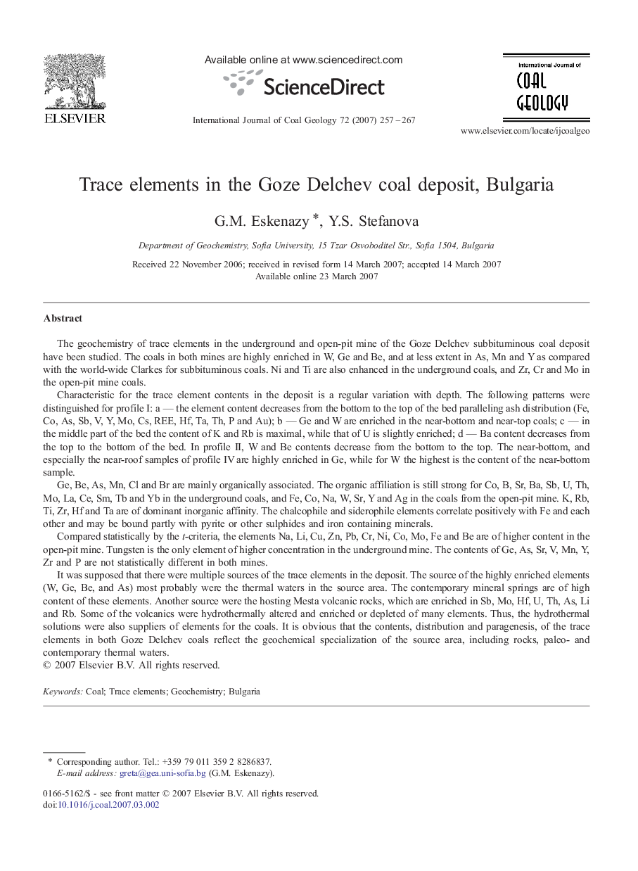 Trace elements in the Goze Delchev coal deposit, Bulgaria