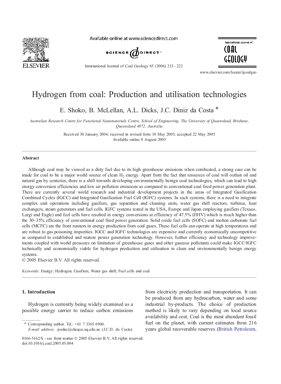 Hydrogen from coal: Production and utilisation technologies