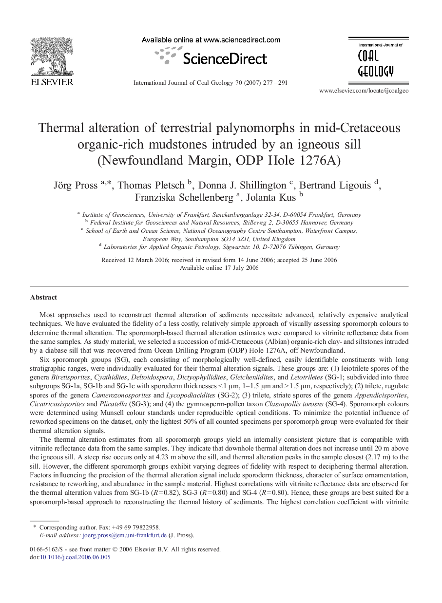 Thermal alteration of terrestrial palynomorphs in mid-Cretaceous organic-rich mudstones intruded by an igneous sill (Newfoundland Margin, ODP Hole 1276A)