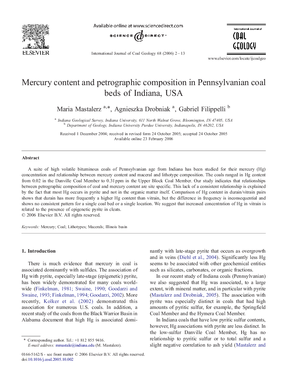 Mercury content and petrographic composition in Pennsylvanian coal beds of Indiana, USA