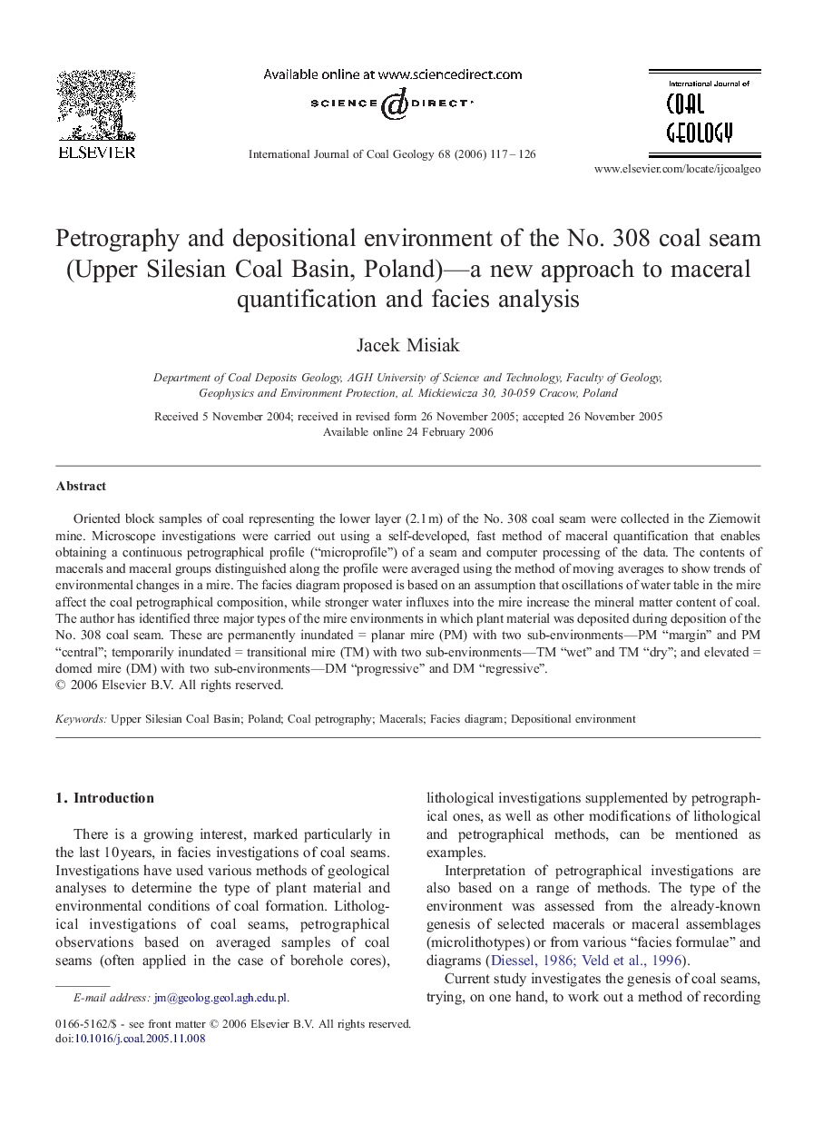 Petrography and depositional environment of the No. 308 coal seam (Upper Silesian Coal Basin, Poland)—a new approach to maceral quantification and facies analysis