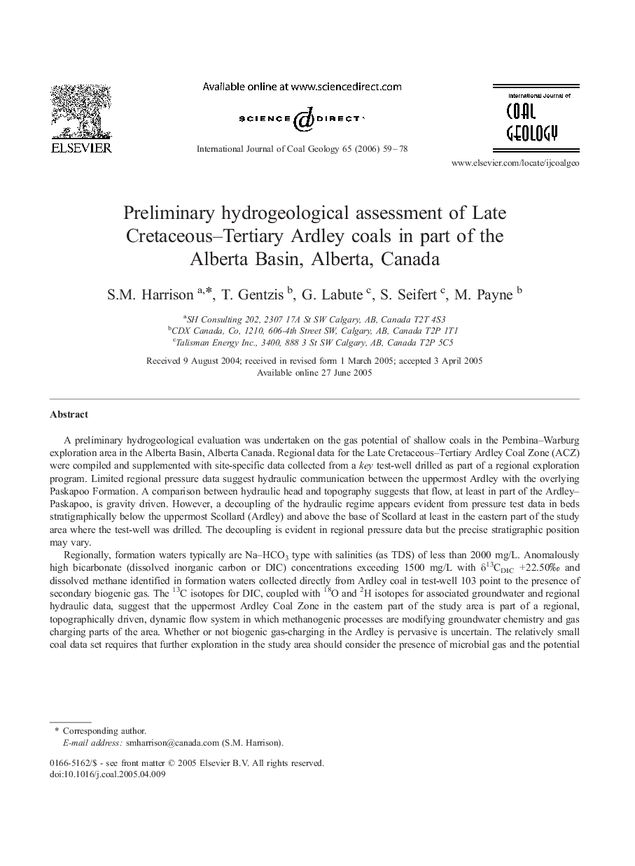 Preliminary hydrogeological assessment of Late Cretaceous–Tertiary Ardley coals in part of the Alberta Basin, Alberta, Canada