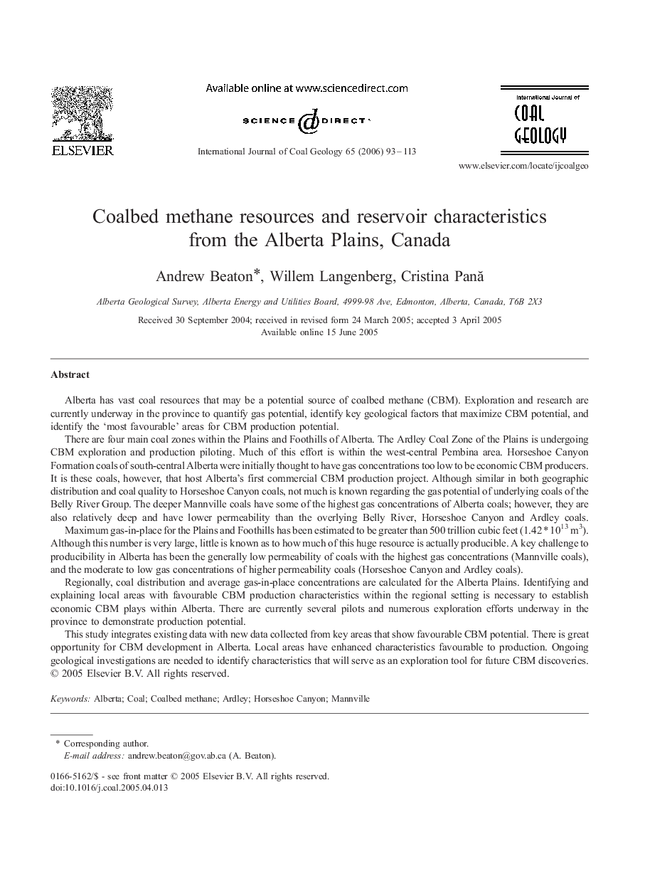 Coalbed methane resources and reservoir characteristics from the Alberta Plains, Canada