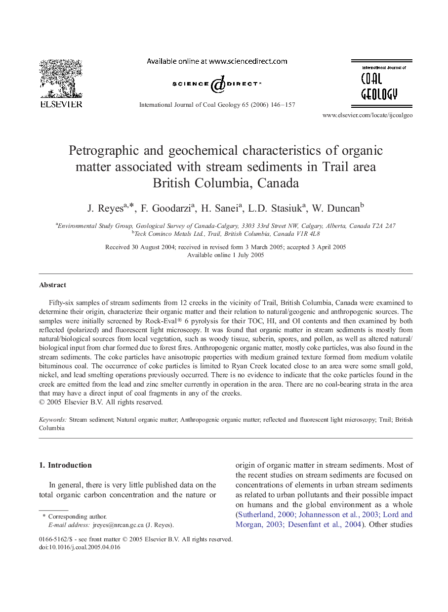 Petrographic and geochemical characteristics of organic matter associated with stream sediments in Trail area British Columbia, Canada