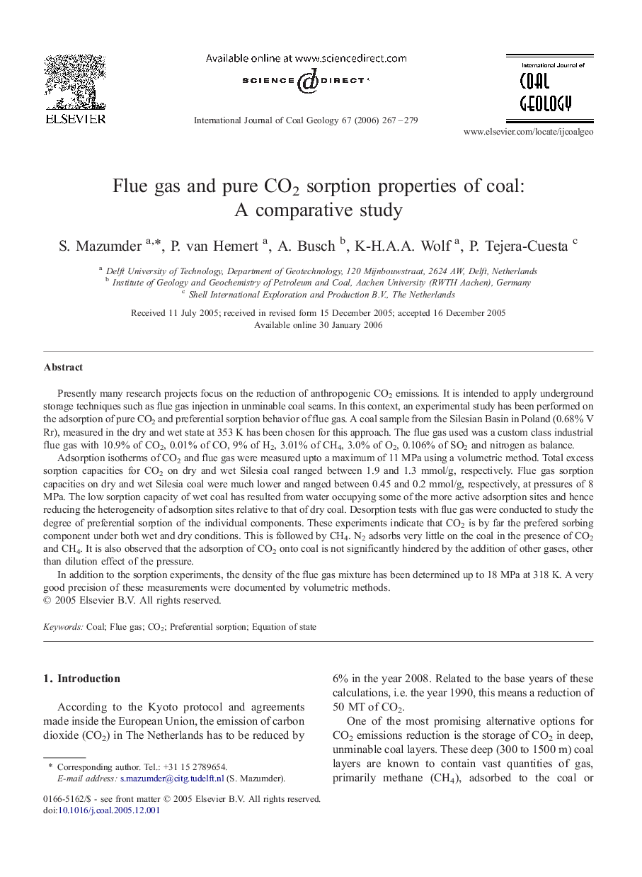 Flue gas and pure CO2 sorption properties of coal: A comparative study