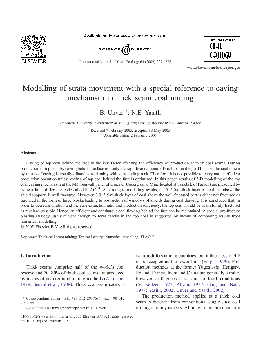 Modelling of strata movement with a special reference to caving mechanism in thick seam coal mining