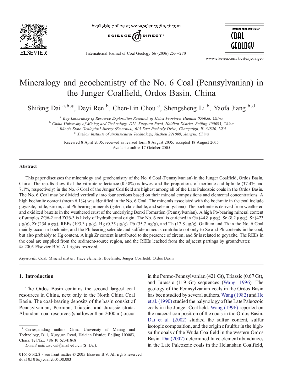 Mineralogy and geochemistry of the No. 6 Coal (Pennsylvanian) in the Junger Coalfield, Ordos Basin, China
