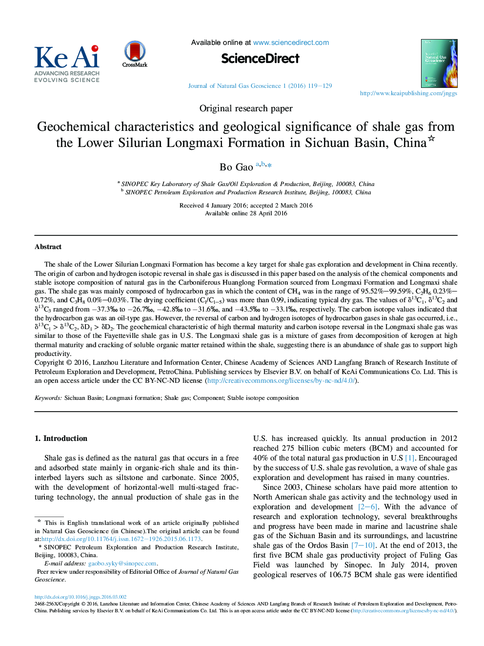 Geochemical characteristics and geological significance of shale gas from the Lower Silurian Longmaxi Formation in Sichuan Basin, China 